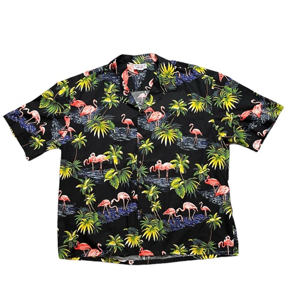 Pacific Legend Hawaiian Shirt Flamingo Palm Tree Black Cotton Men's 3XL - Picture 1 of 4